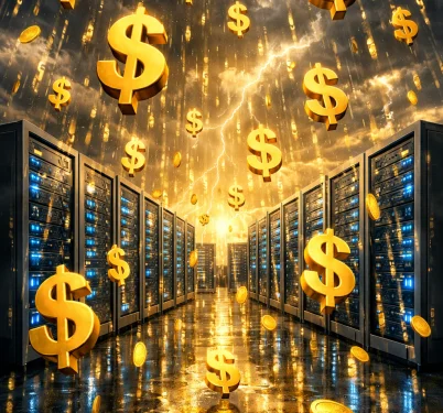 Dollar signs over a server rack
