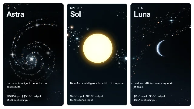 三张竖排深色模型卡并排,卡面自上而下写着 GPT-6 Astra、GPT-6.1 Sol 与 GPT-6 Luna