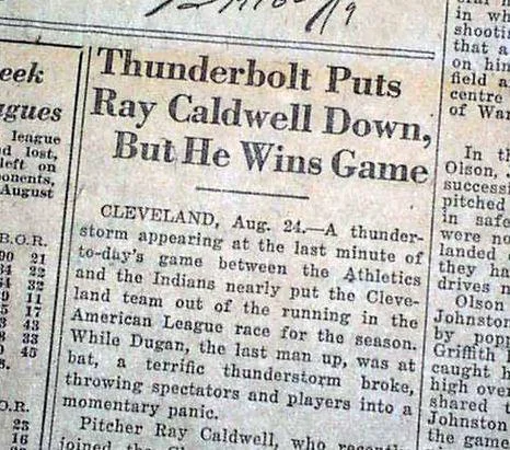 Period newspaper clipping with the headline "Thunderbolt Puts Ray Caldwell Down, But He Wins Game"