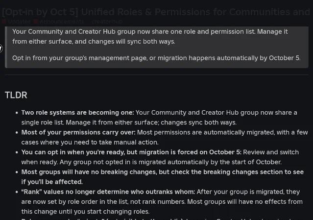 Roblox's own summary of the roles and permissions migration on the Developer Forum, showing the key-takeaways box with the October 5 automatic migration and the TLDR bullets on carrying permissions over and Rank values no longer deciding hierarchy