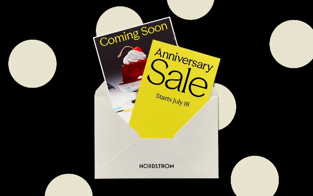 Nordstrom envelope graphic with cards reading "Coming Soon" and "Anniversary Sale — Starts July 18" on a black polka-dot background