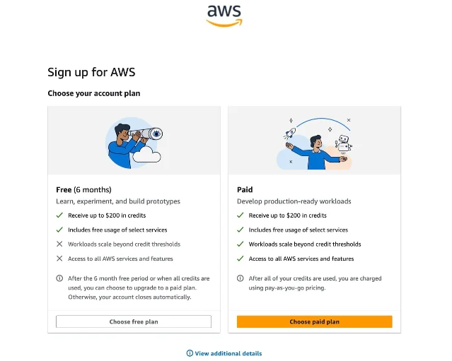 AWS 新版注册页面,展示「免费 6 个月」与「付费」两套方案的权益对比