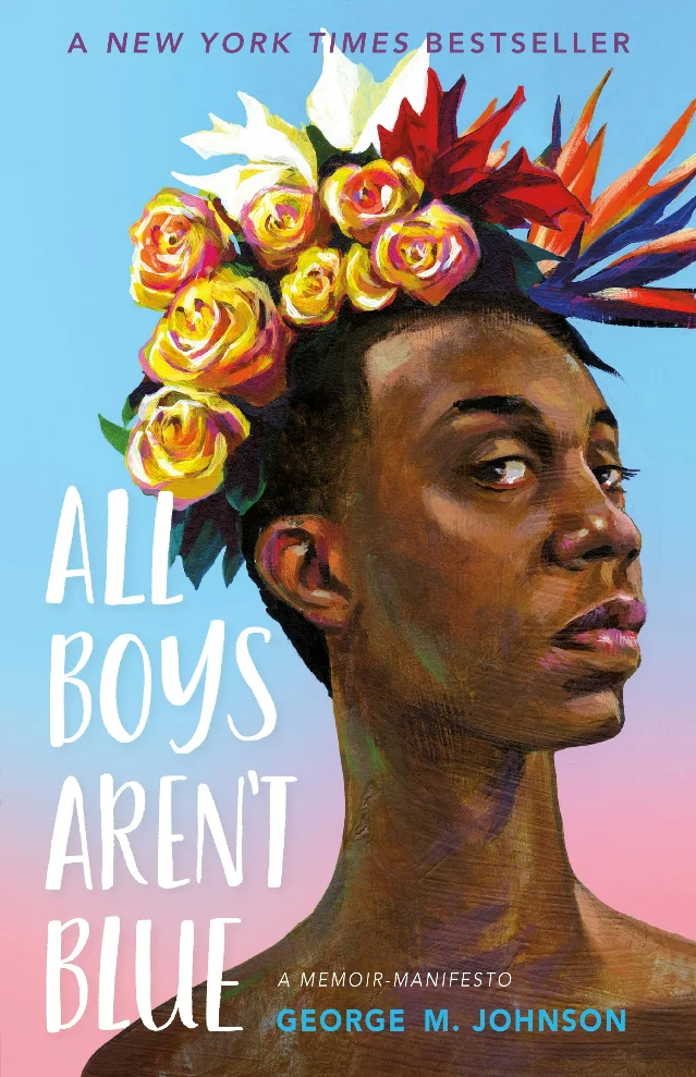 All Boys Aren't Blue book cover by Charly Palmer, showing a young Black man in a flower crown against a blue-pink gradient