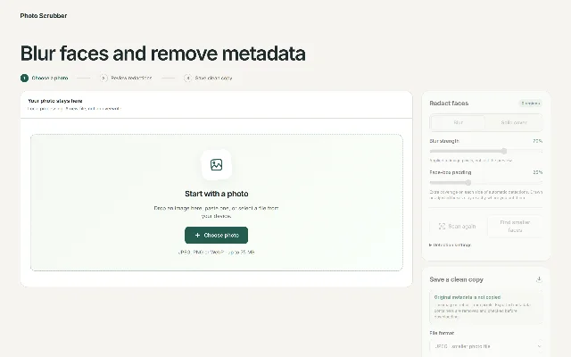 A web page headed "Blur faces and remove metadata" with a three-step progress bar, a drop zone labelled "Your photo stays here — Local processing. A new file, not an overwrite.", a Redact faces panel with Blur and Solid cover options, blur strength and face-box padding sliders, and a Save a clean copy card stating that original metadata is not copied