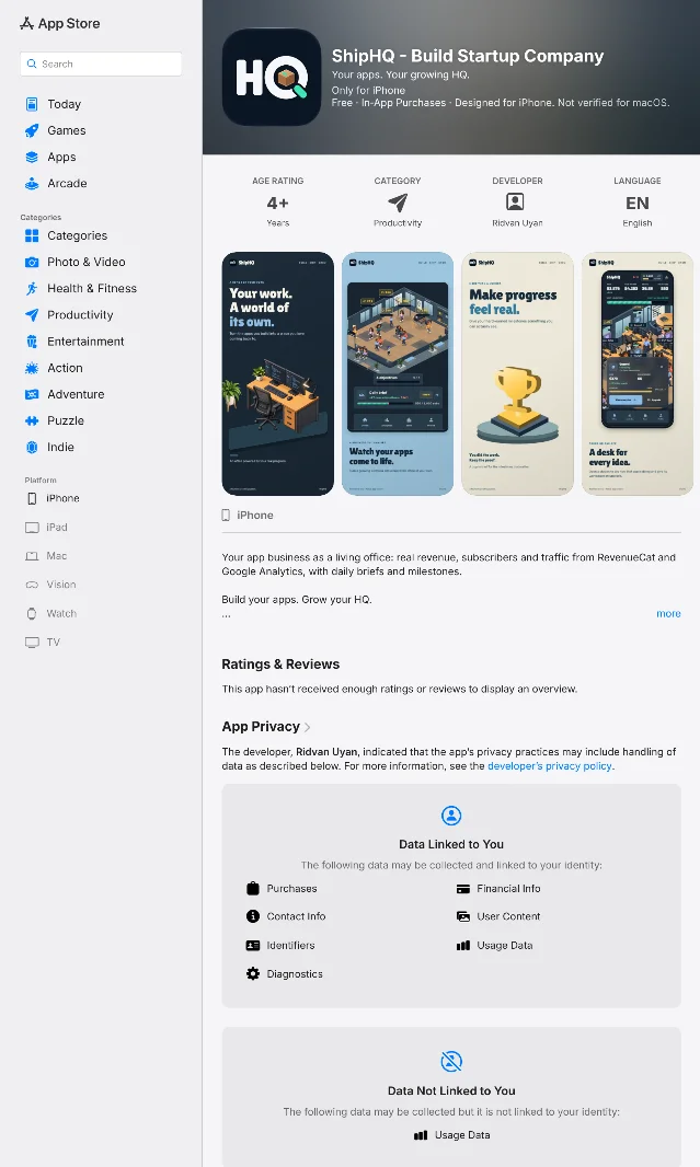 ShipHQ 的 App Store 商品页：Ratings &amp; Reviews 一栏写着评分不足，App Privacy 一栏列出 Data Linked to You 的七类数据
