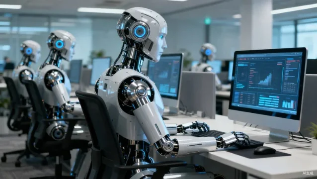 AI 时代的办公室:人形机器人坐在工位上操作电脑