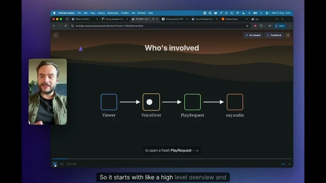 Scrimba Explain gallery screenshot showing a presenter panel beside a workflow diagram