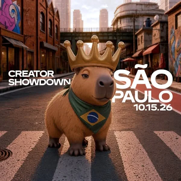Roblox's Creator Showdown São Paulo teaser: a capybara wearing a gold crown and a Brazilian flag bandana standing on a street, with the words Creator Showdown São Paulo 10.15.26 on the image