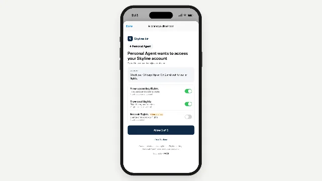A published mobile screen showing an authorization page titled Personal Agent wants to access your Skyline account, with a stated purpose reading Check your Chicago trip on Oct 2 and look for earlier flights, three scope switches for viewing upcoming flights, viewing past flights and rebooking flights, the first two switched on and the third marked Makes changes and switched off, an Allow 2 of 3 button, a note that access can be revoked in settings and that the personal agent never sees the password, and a line reading Secured by PACT