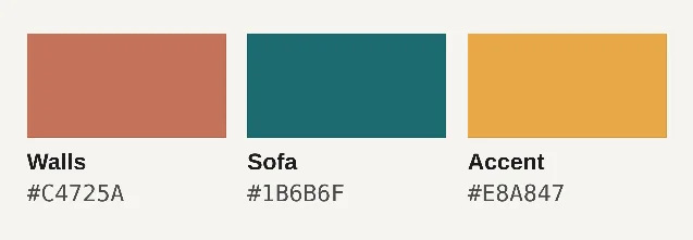 Three color chips labeled Walls, Sofa and Accent, carrying the hex codes #C4725A, #1B6B6F and #E8A847