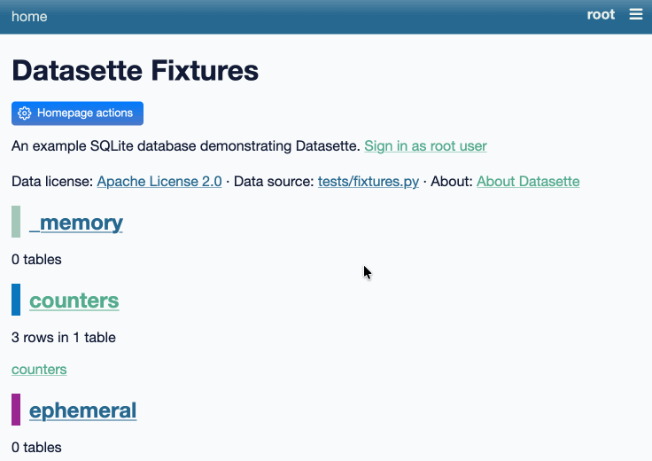 Datasette 1.0a30 Jump menu animation — user presses / and types to filter tables