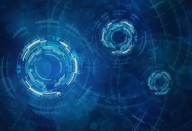 企业 AI 身份管控盲区示意图,蓝色科技抽象圆形网络节点