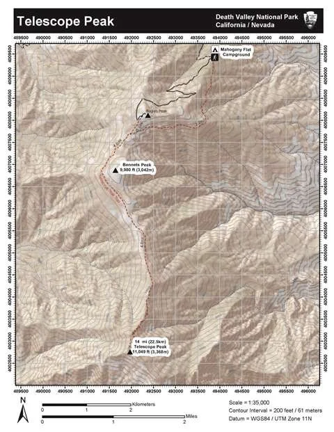 Topographic map tracing the Telescope Peak route from Mahogany Flat to the summit