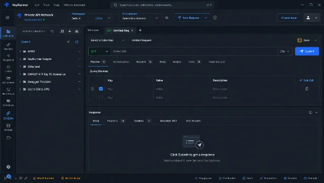 KeyRunner request builder inside VS Code — Collections panel on the left, query params, authorization, and test tabs on a dark-themed request editor