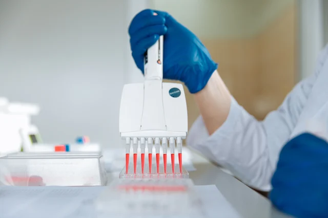 Lab technician using a multichannel pipette for genomic sample preparation in a modern laboratory
