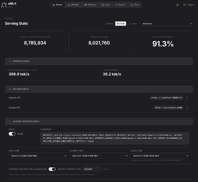 oMLX dashboard showing cache statistics, local API endpoints, and a Claude Code configuration
