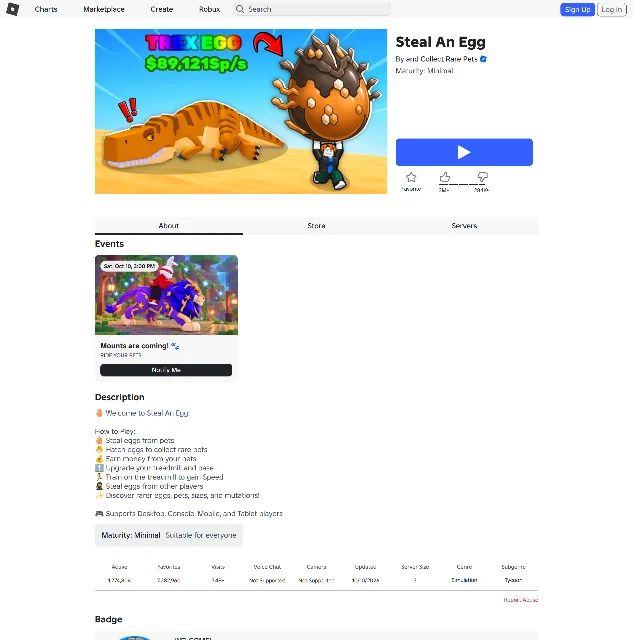 The Steal An Egg experience page on Roblox, showing a Mounts Are Coming event card dated Saturday 10 October at 3:00 PM and a statistics row reading Active 1,774,804, Favourites 7,282,960, Visits 7.4B+, Updated 10/10/2026, Server Size 7, Genre Simulation, Subgenre Tycoon
