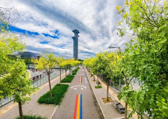 奥林匹克公园彩虹骑行道,龙行水系西侧彩色涂装路段