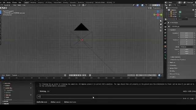 Blender 界面中出现方向异常对象,底部可见对话/控制台区域