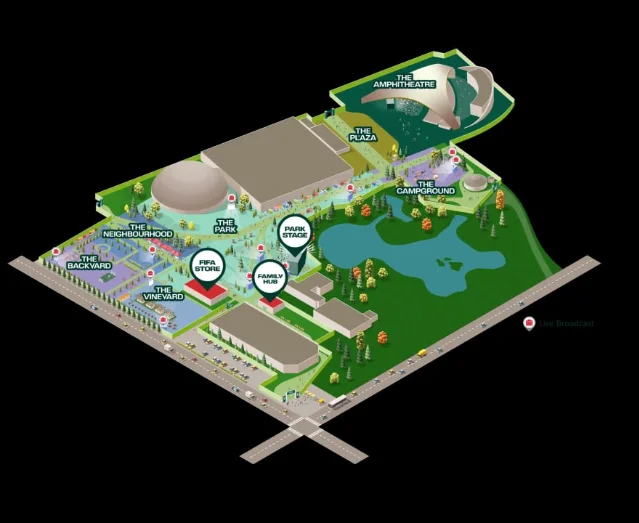 温哥华 Fan Festival 场地地图显示 PNE / Hastings Park 内的舞台、餐饮和服务点