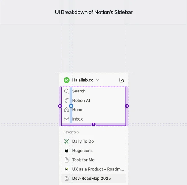 Notion sidebar clickable areas — 8px rounded hit zone covering full row width