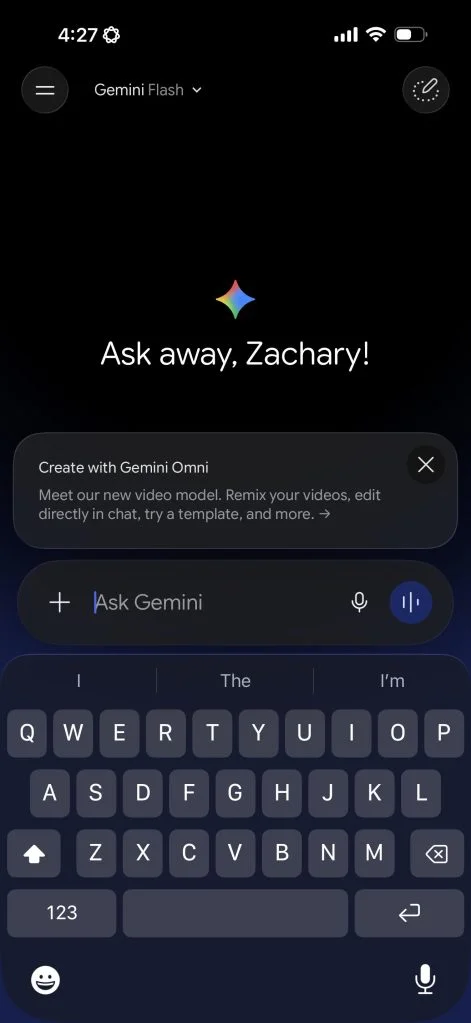 Gemini app showing the Omni video generation interface with chat-based editing