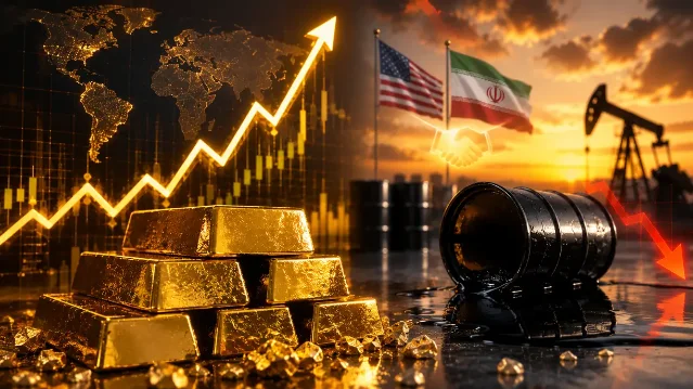 Gold rising, oil barrel tipping, US and Iran flags — Kitco composite