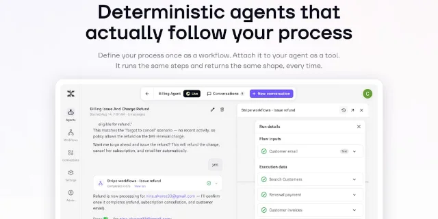Controller AI product visual showing a Billing Agent connected to a Stripe refund workflow and a step-by-step execution panel