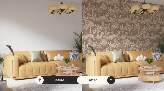 Before and after: plain rental apartment wall transformed with tropical peel-and-stick wallpaper