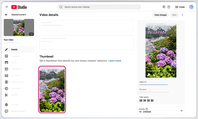 YouTube Studio's thumbnail controls for a vertical Short, with a custom thumbnail selected in the video details screen.