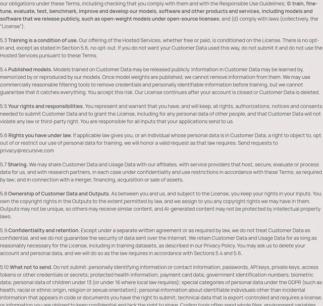 Recursive's Model Terms, clauses 5.2 through 5.10, showing the training licence, the no-opt-out condition and the published-models clause