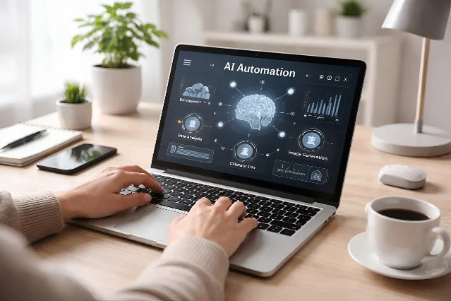 AI workspace with laptop on a clean desk