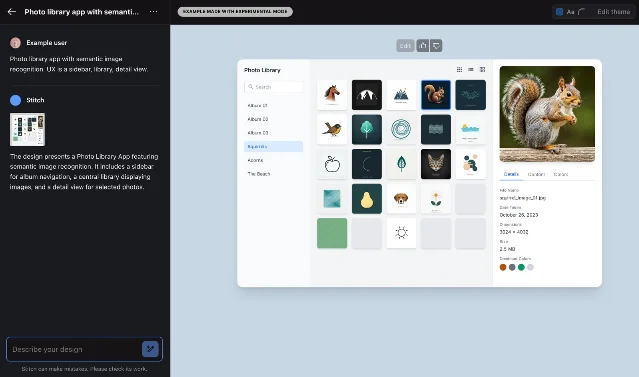 TechCrunch 截图中的 Stitch 工作区与提示词输入区