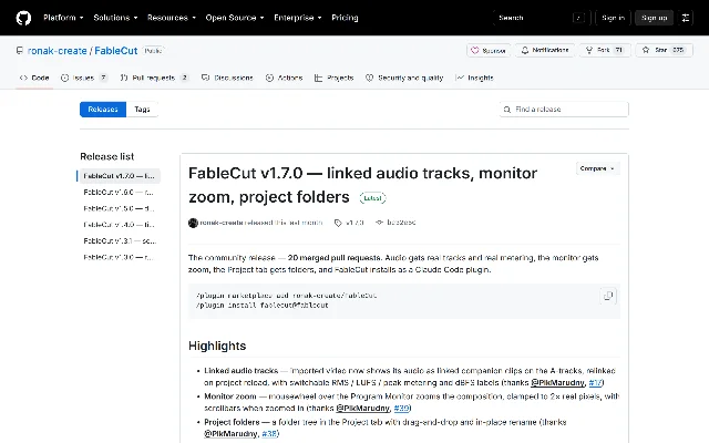 FableCut 的 release 列表页,最新一条是 FableCut v1.7.0 — linked audio tracks, monitor zoom, project folders,右侧标着 Latest,正文写着 released this last month