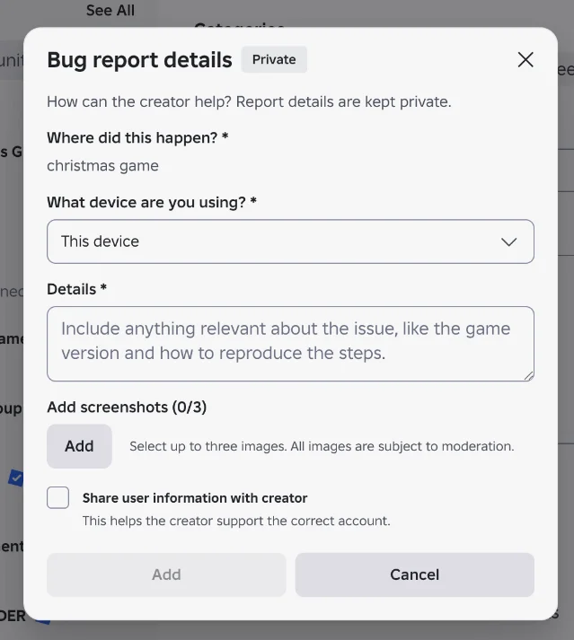 The Player Support bug report form with fields for where it happened, device, details, up to three screenshots, and a share-user-information checkbox