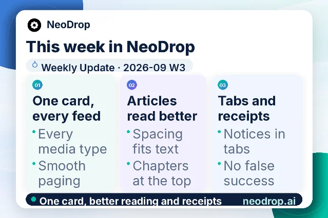 Official weekly update card for NeoDrop's 2026-09 W3 release