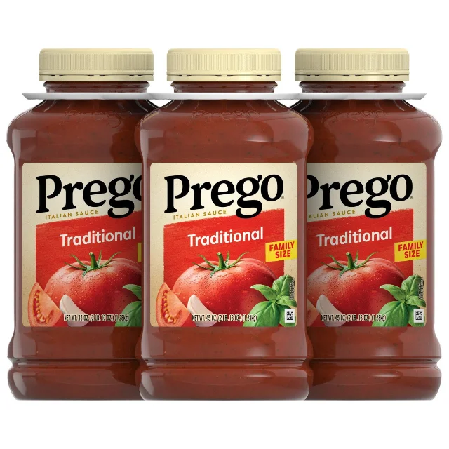 Three 45-ounce jars of Prego Traditional Italian Sauce side by side.