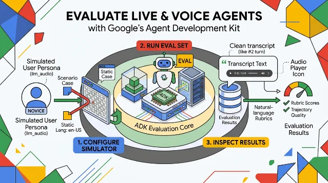 Google's ADK evaluation flow from simulated audio user to scored trajectory