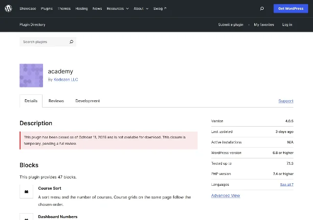 The WordPress.org plugin page for Academy LMS, showing a pink notice that the plugin was closed on October 11, 2026 pending a full review, published by Kodezen LLC