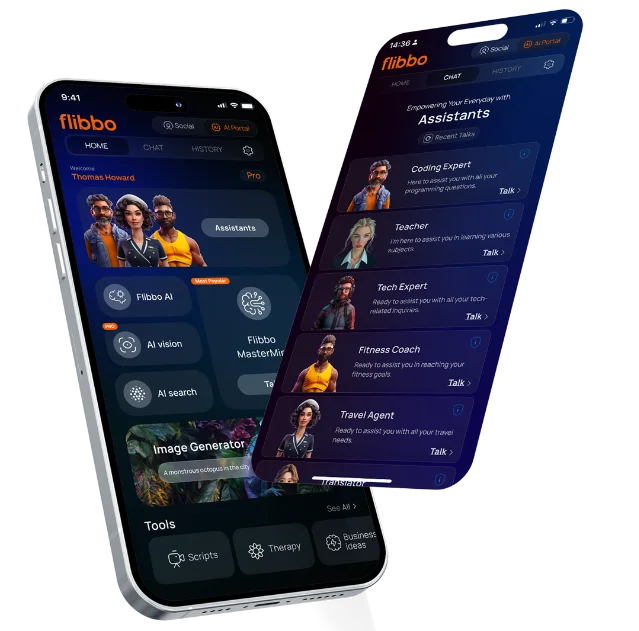 Flibbo app interface showing AI tools: image generator, AI vision, AI search, and AI assistants including Coding Expert, Teacher, and Fitness Coach