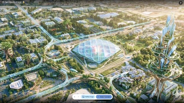 A Google Earth AI-generated concept shows a futuristic structure placed over a real-looking aerial map, with controls for refining the image and saving it to a project.
