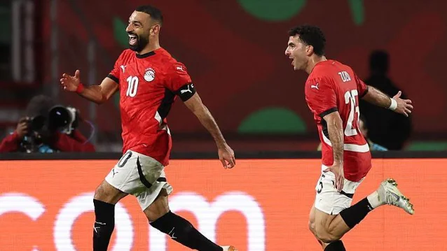 Egypt's forward Mohamed Salah celebrates after a goal