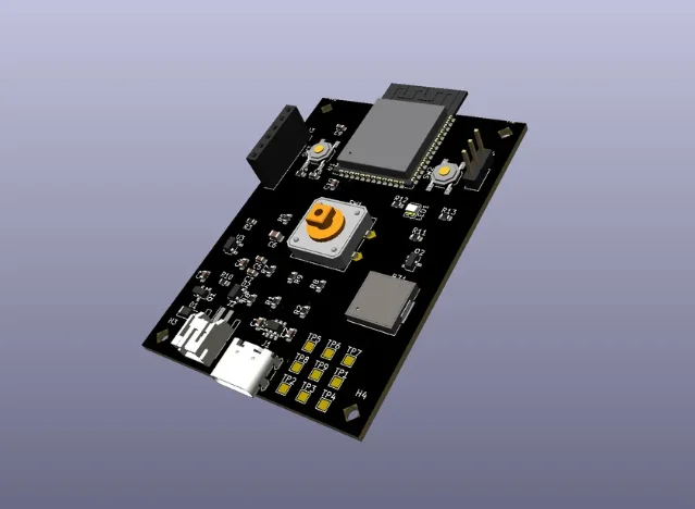 黑色 PCB 上放置 ESP32-S3 模组、USB-C 接口、按键和贴片元件