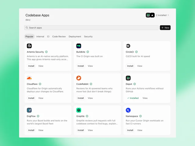 The Origin App Marketplace listing Codebase Apps with category filters for Internal, CI, Code Review, Deployment and Security, and install buttons for Artemis Security, Buildkite, CircleCI, Cloudflare, CodeRabbit, Depot, EngFlow, Greptile and Namespace