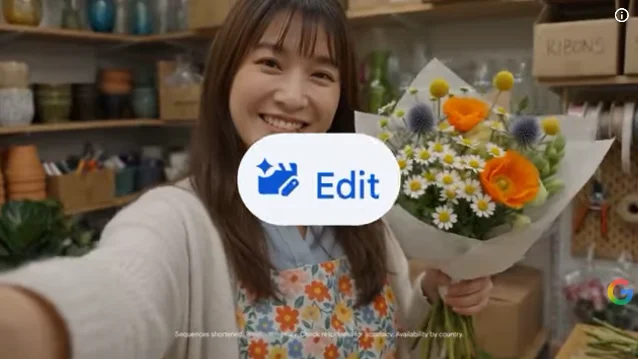 Google Vids 中对已有视频片段显示 Edit 入口，画面里是一位花店店员手持花束