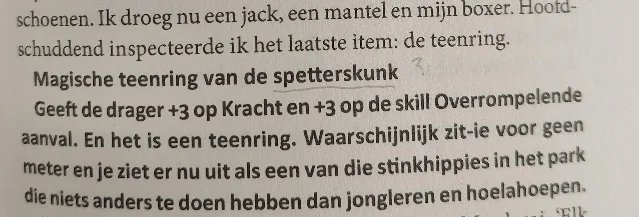 Dutch fantasy text naming a magical toe ring of the spetterskunk