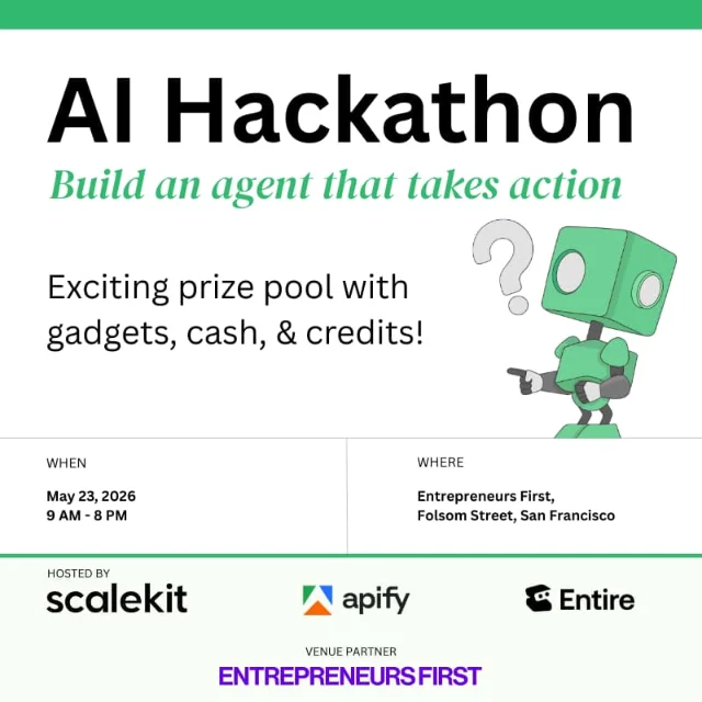 Dark-background hackathon poster for Scalekit x Apify Build Day SF featuring partner logos
