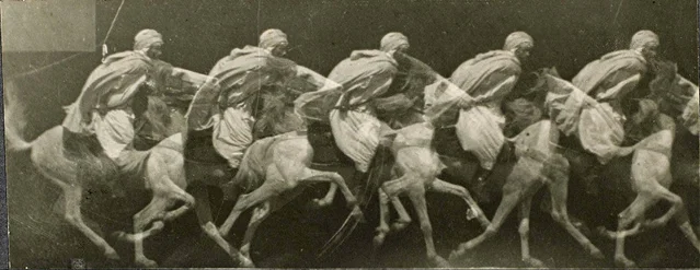 Étienne-Jules Marey 拍摄的马匹连续运动摄影作品,展示时间被展开于同一画面空间的效果