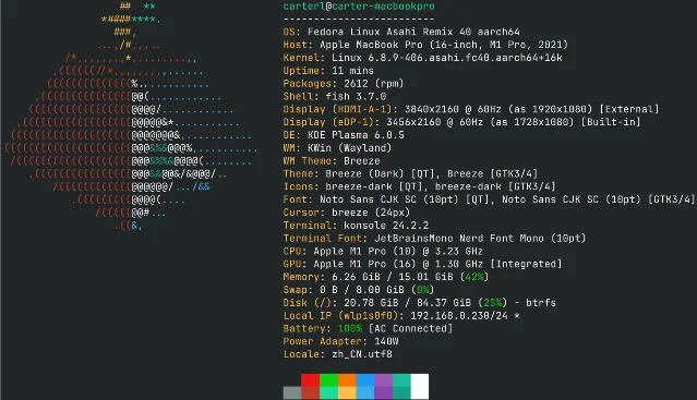 fastfetch 实际运行效果截图,侧边 Arch Linux ASCII logo,右侧系统信息分栏排列