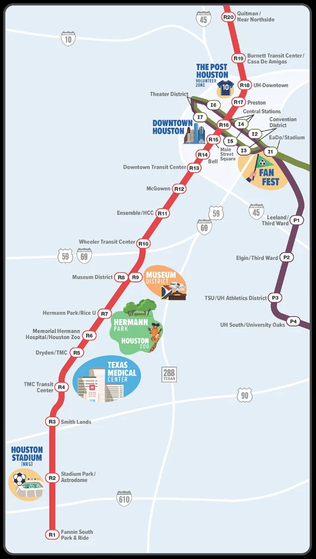 Houston METRORail World Cup visitor map